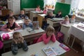 Children at the school desks,3.11.2014.Ukraine Mervich,the school year began at school