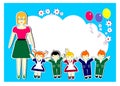 Children, school, happy children, teacher, pretty funny happy children, balloons, flowers, vector, illustration, new