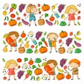 Children. School and kindergarten. Healthy food and drinks. Kids cafe. Fruits and vegetables. Boys and girls eat healthy Royalty Free Stock Photo