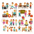 Children in school or kindergarten outdoor activity vector flat icons set Royalty Free Stock Photo
