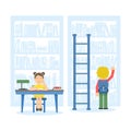 Children in school library flat illustration