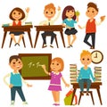 Children in school study at lessons vector flat isolated icons