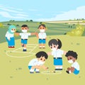 children in school uniform wearing a mask boy and girl playing Hopscotch and marbles on a green hilly field