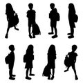 Children with schoolbags black silhouettes set, schollboy kids isolated, pupils boys and girs in different poses with bags, back