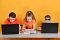 Children are schooled at home, two boys are sitting at a laptop, a girl is reading books