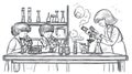 Children Learning Science in Laboratory with Microscopes and Test Tubes, Sketch Style Royalty Free Stock Photo