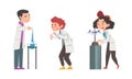 Children scientists in white lab coats doing scientific research in laboratory equipment set cartoon vector illustration