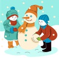Children sculpting a snowman, vector cartoon comics style, seamless pattern