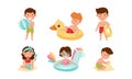 Children at Sea Shore Playing, Sunbathing and Swimming in Water Vector Illustration Set