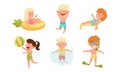 Children at Sea Shore Playing, Sunbathing and Swimming in Water Vector Set Royalty Free Stock Photo