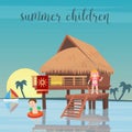 Children Sea Vacation. Girl and Boy in the Beach Bungalows.