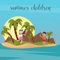 Children Sea Vacation. Girl and Boy Playing Badminton on the Beach. Royalty Free Stock Photo