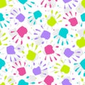 Children seamless pattern. Cute handprint background. Repeated color texture. Checked stamp printed. Repeating marks pattern. Kids