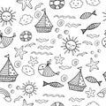 Children seamless pattern with doodle beach elements - sea, sun, shell, fish, ship, sun. Coloring page for adults. Vector Royalty Free Stock Photo