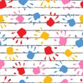 Children seamless pattern. Kid stamps background. Repeated cute handprint design for prints. Repeating color backdrop. Repeat cool