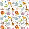 Children seamless vector wallpaper with cute and funny baby savanna animals