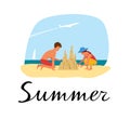 Children on the seashore build a sand castle. Lettering Summer Royalty Free Stock Photo