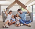 Children security, family safety and parents with smile for kids, relax on living room floor of house and care in lounge Royalty Free Stock Photo