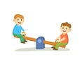 Children on a seesaw. Cartoon flat vector illustration, isolated on white background. Royalty Free Stock Photo