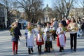 Ukrainian children sell flowers during their action called `Buy flowers and support our defenders` in Lviv