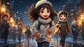 Children sharing a fun walk down a snowy street, smiling and happy Royalty Free Stock Photo