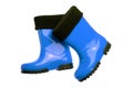 Children shoes and boots. Closeup of a pair blue rubber boots is