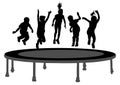 Children silhouettes jumping on garden trampoline .