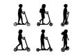 Children silhouettes ride scooters set Royalty Free Stock Photo
