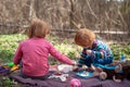 Children on a simple picnic in the woods