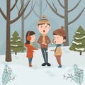 Children singing Christmas carols in forest landscape with trees and pine trees. Winter activities concept, clipart and design Royalty Free Stock Photo