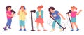 Children singing with microphones, standing in a row, flat vector isolated