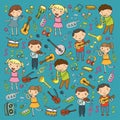 Music school for kids Vector illustration Children singing songs, playing musical instruments Kindergarten Doodle icon