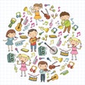 Music school for kids Vector illustration Children singing songs, playing musical instruments Kindergarten Doodle icon