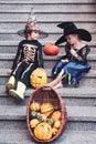 Children sister and brother with pumpkin dressed like skeleton and witch for Halloween party. Halloween portrait of Royalty Free Stock Photo