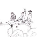 Children sit astride a vintage cannon, graphic black and white linear drawing on white background