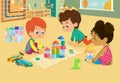 Children sit in circle and play with toys in the kindergarten classroom, play with wooden toy blocks, cars, doll and