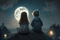 Children sit on the roof of a village house and look at the full moon in the night sky. Generative AI Royalty Free Stock Photo