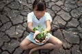 children siting on crack ground holding young plant. concept save world