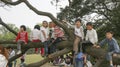 Children sitting on a big tree,in the park,chengdu,china