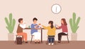 Children sitting and eating at table at school canteen. Pupils having mealtime at cafeteria. Scene of classmates dining Royalty Free Stock Photo