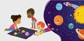 Children sitting on floor explore toy universe, Planets, Stars, Sun, Moon, and Galaxies. Playing and educational