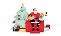 Children are sitting in the hands of Santa Claus near the Christmas tree. Winter illustration Royalty Free Stock Photo