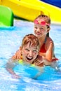 Children sitting on inflatable ring.