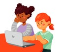 Children sitting at laptop - colorful flat design style illustration