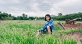 Children sitting in organic vegetables garden on sunny and sky background in rural or countryside Royalty Free Stock Photo