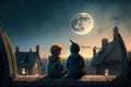 Children sitting on roof at night, little boy and girl looks at stars in sky, generative AI