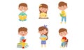 Children Sitting and Standing Reading Book Vector Illustrations Set