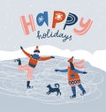 Children skating. Card with lettering - `Happy Holidays`. Winter Vector Christmas illustration.