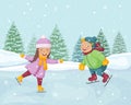 Children at the skating rink. Cute winter illustration of children skating on ice. Funny boy and girl on a skating rink Royalty Free Stock Photo