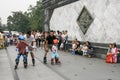 Children skating training with coach in a park,chengdu,china